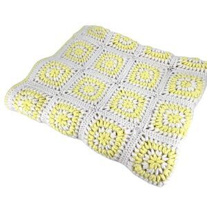 Vintage Handmade Large Afghan Blanket Yellow & White Camp Adirondack rustic 42 x